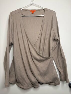 Joe Fresh Taupe Ribbed V-Neck Top Womens Plus Size 1X